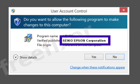 Screenshot where SEIKO EPSON Corporation appears as the verified publisher in the UAC dialog